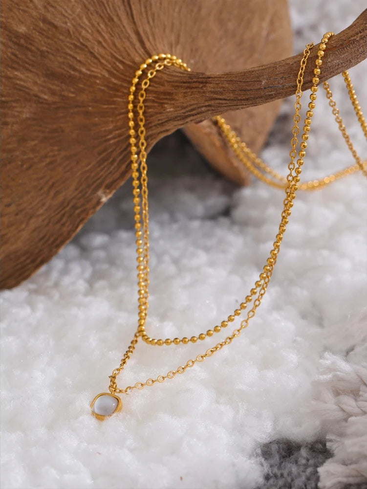 Layered chain square pendant necklace natural stone - product image