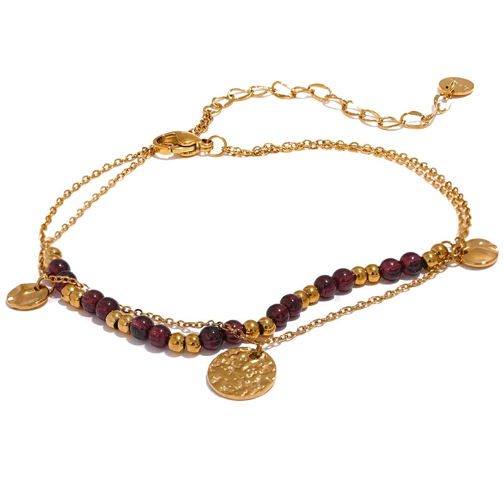 Layered garnet stone beads handmade anklet - product image