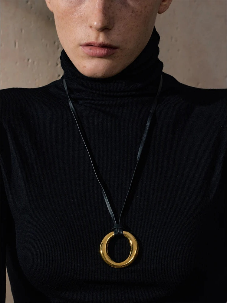 Long pu leather round pendant bib necklace - product image