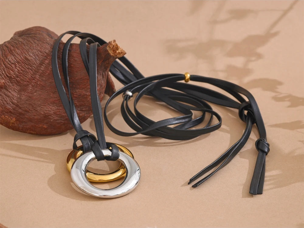 Long pu leather round pendant bib necklace - product image