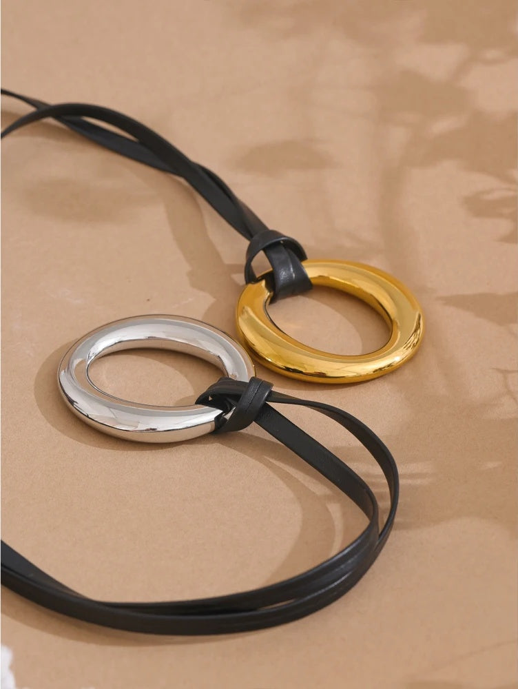 Long pu leather round pendant bib necklace - product image