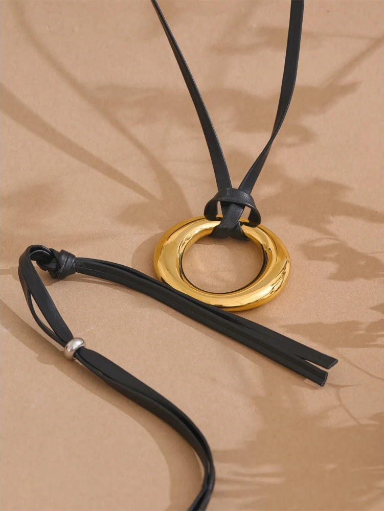 Long pu leather round pendant bib necklace - product image