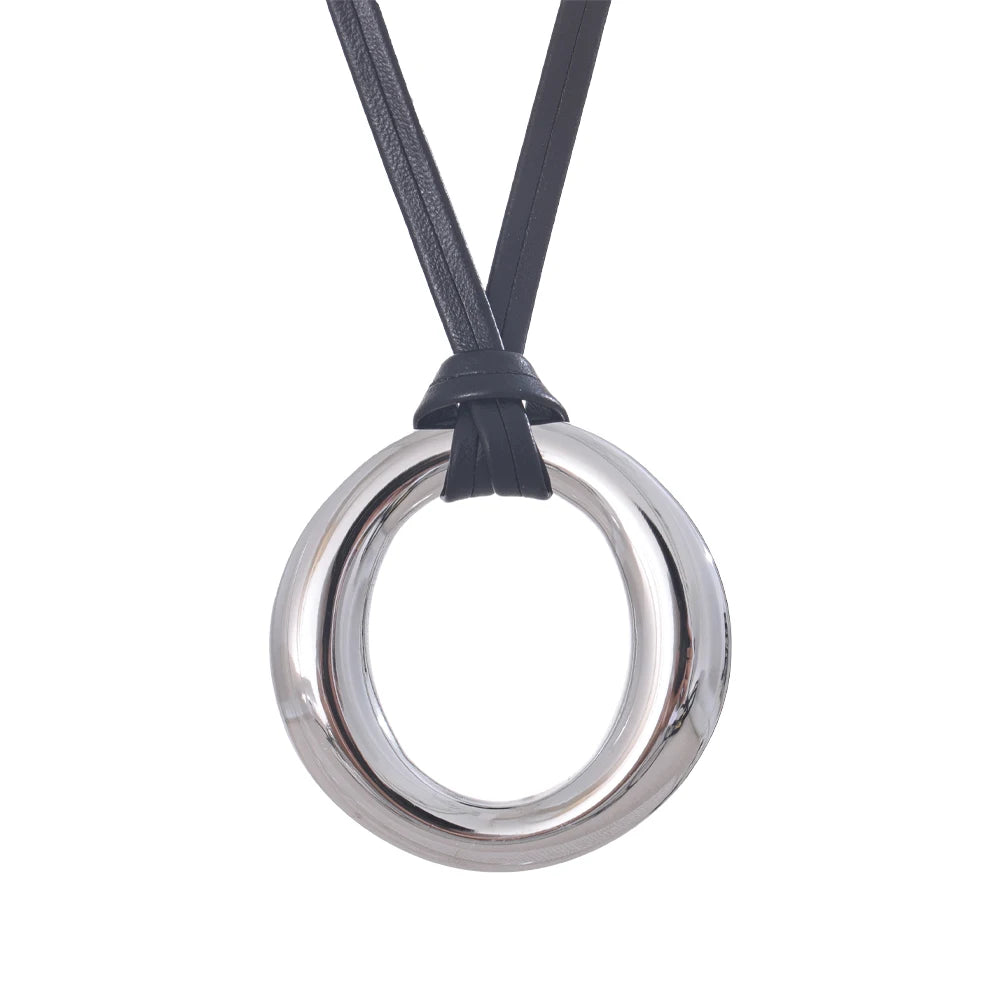 Long pu leather round pendant bib necklace - product image