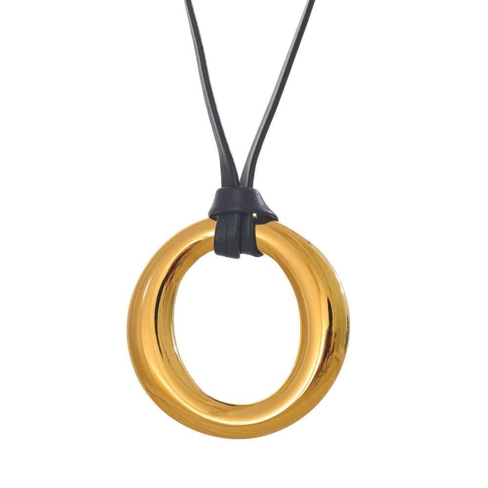 Long pu leather round pendant bib necklace - product image
