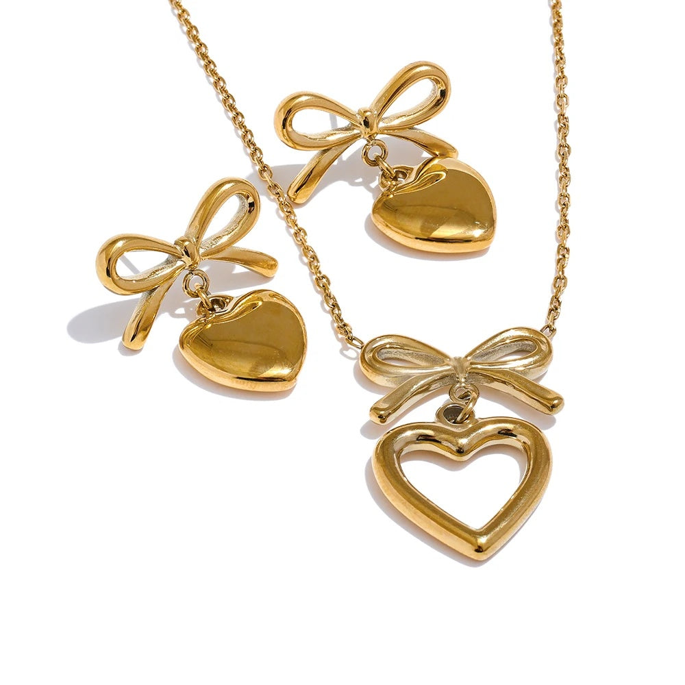 Metal bow knot heart lover necklace earrings set - product image