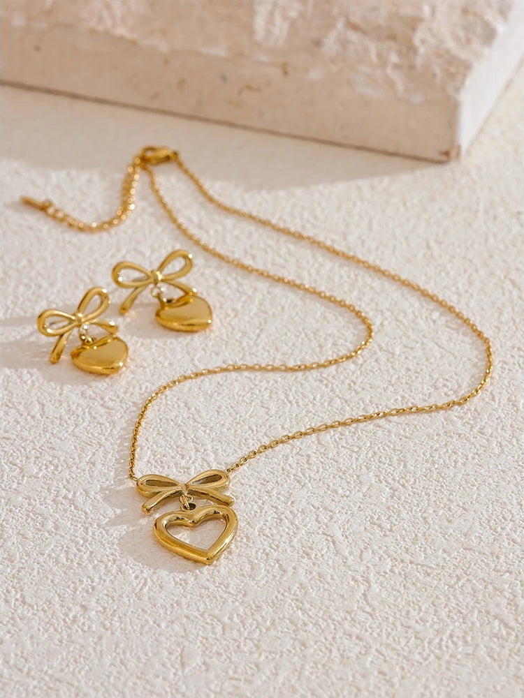 Metal bow knot heart lover necklace earrings set - product image