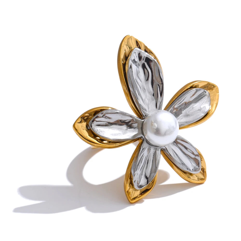 Metal flower pearl stud earrings open ring set - product image
