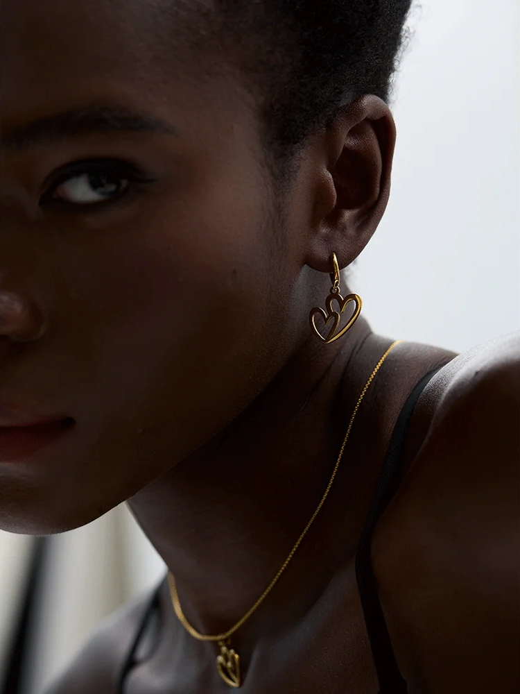 Minimalist heart hollow drop hoop necklace earrings set - product image