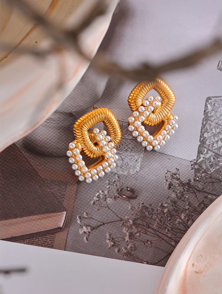 Minimalist square pearl cubic zirconia stud earrings - product image