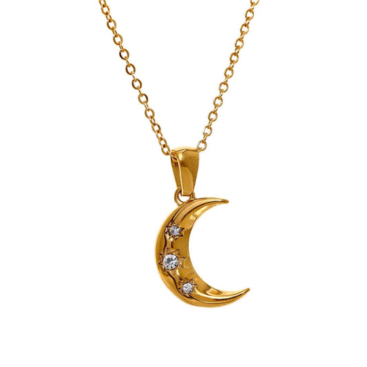 Moon shaped zircon cz pendant necklace gold color - product image