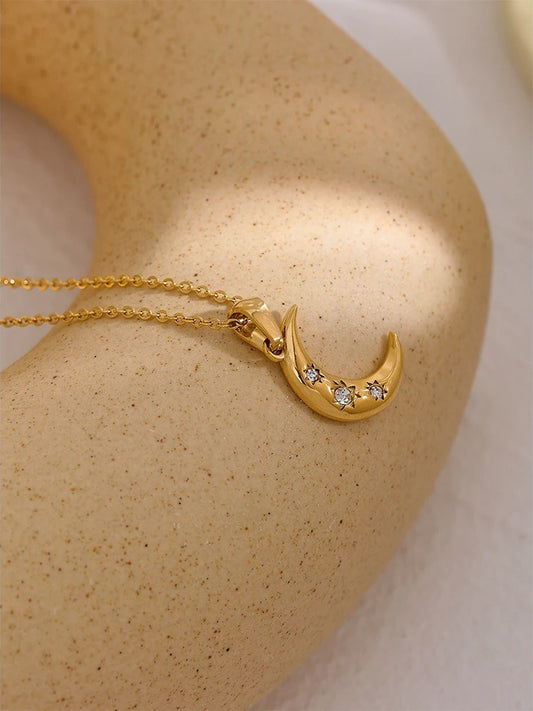 Moon shaped zircon cz pendant necklace gold color - product image