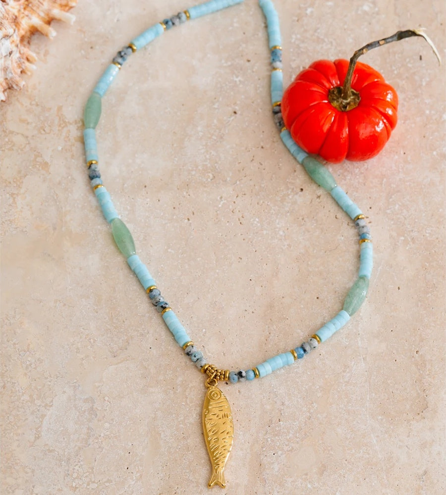 Natural aventurine stone chain fish pendant necklace - product image