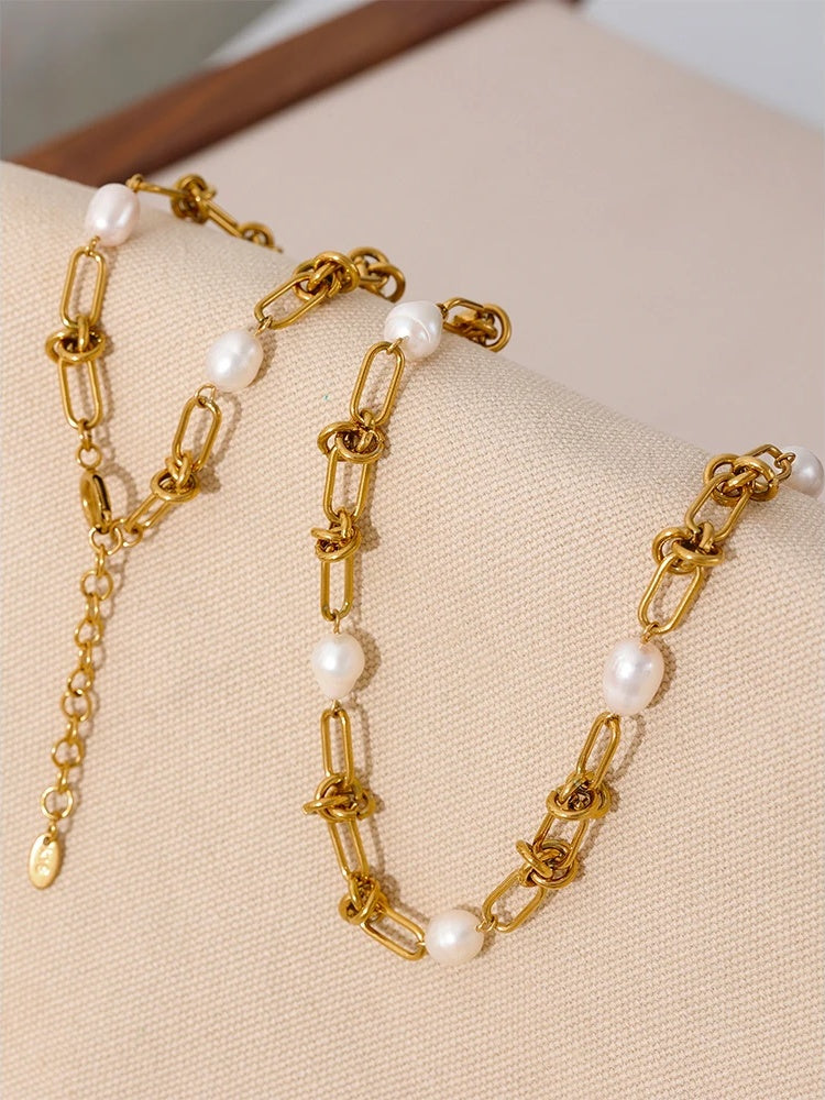 Natural pearl chain handmade necklace bracelet set - product image