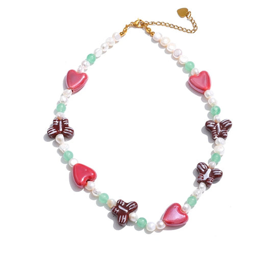 Natural pearl stone butterfly heart chain necklace - product image