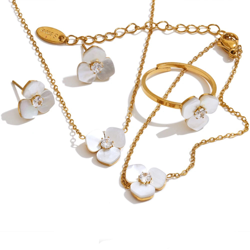 Natural shell flower necklace earrings ring bracelet set - product image