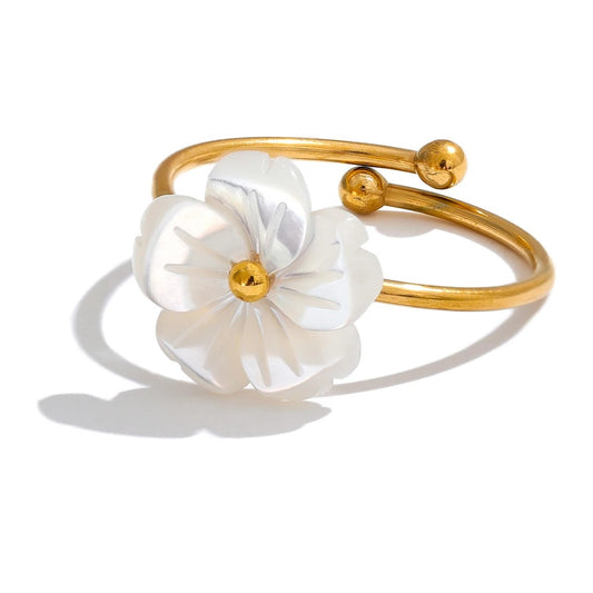 Natural shell flower open adjustable ring - product image