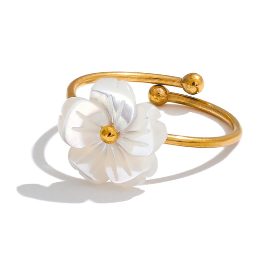 Natural shell flower open adjustable ring - product image