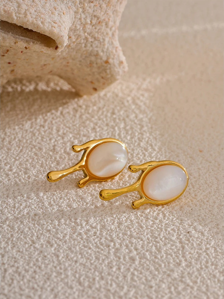 Natural shell gold color contemporary stud earrings - product image