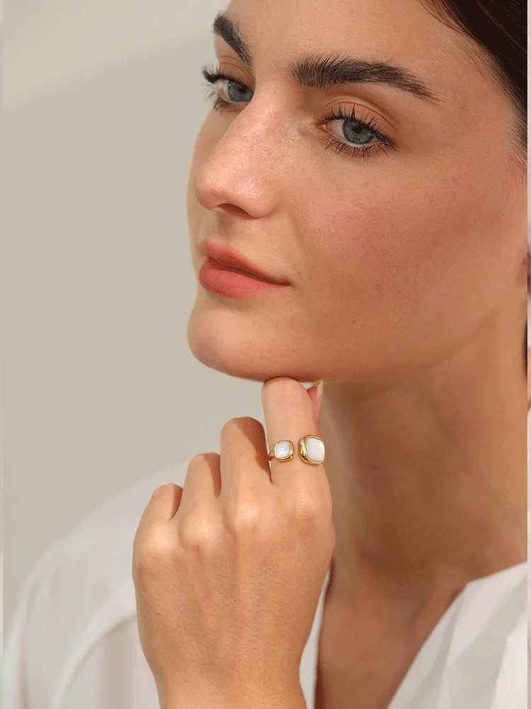 Natural shell square gold color fashion ring - product image