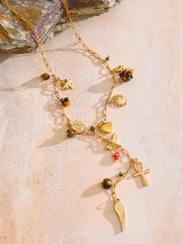 Natural stone dragonfly wing cross heart necklace - product image