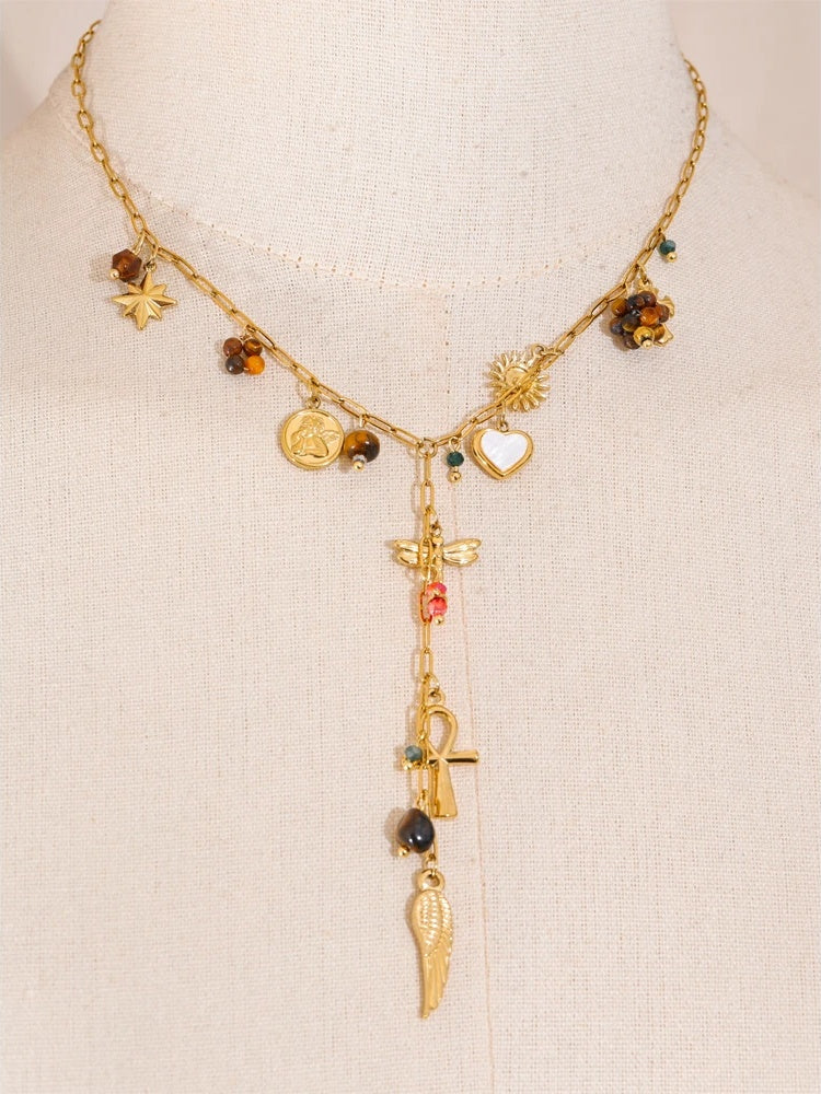 Natural stone dragonfly wing cross heart necklace - product image