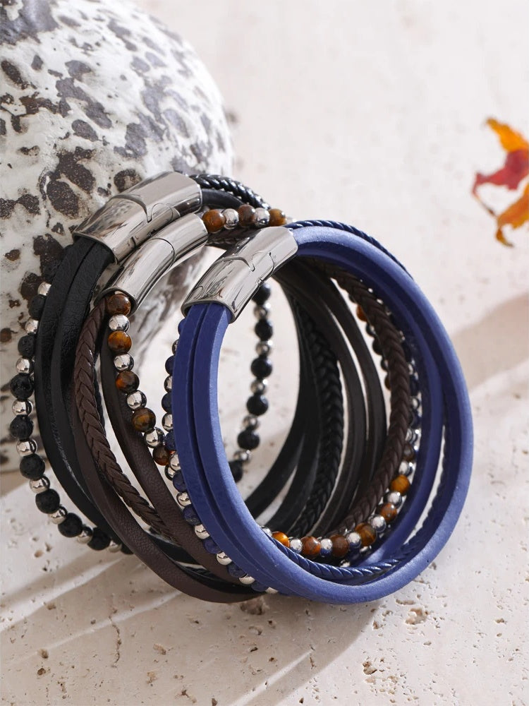 Natural stone fiber leather braided layered bracelet - product image