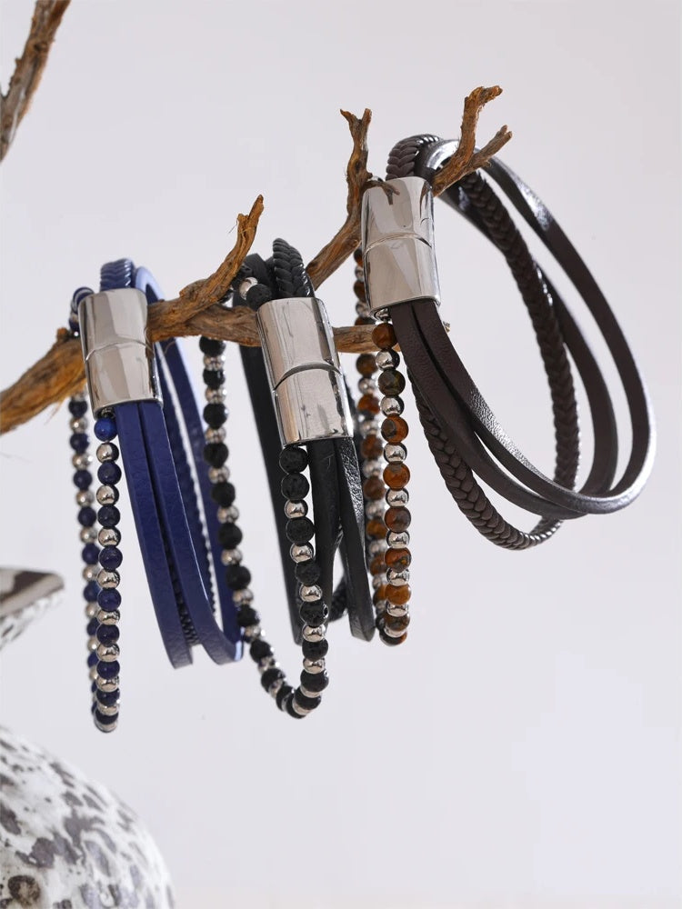 Natural stone fiber leather braided layered bracelet - product image