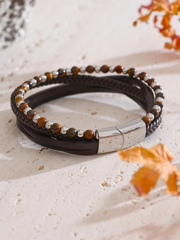 Natural stone fiber leather braided layered bracelet - product image