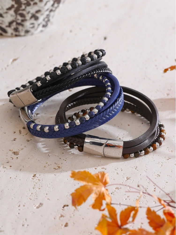 Natural stone fiber leather braided layered bracelet - product image