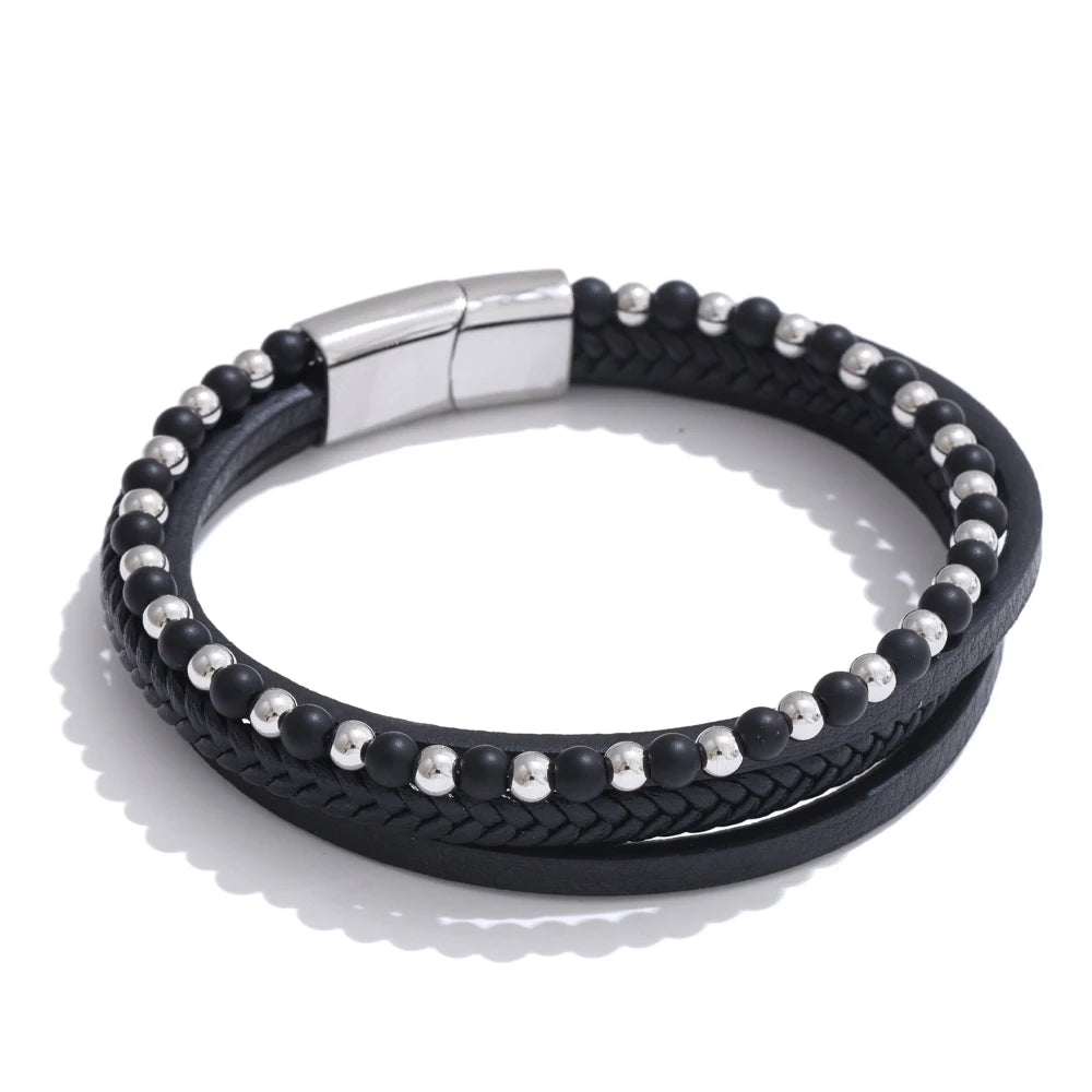 Natural stone fiber leather braided layered bracelet - product image