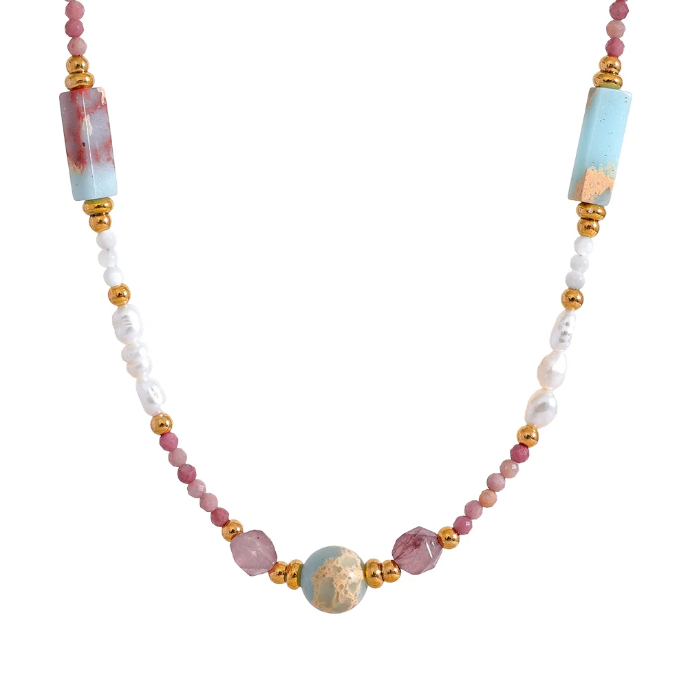 Natural stone freshwater pearls rhodochrosite necklace - product image