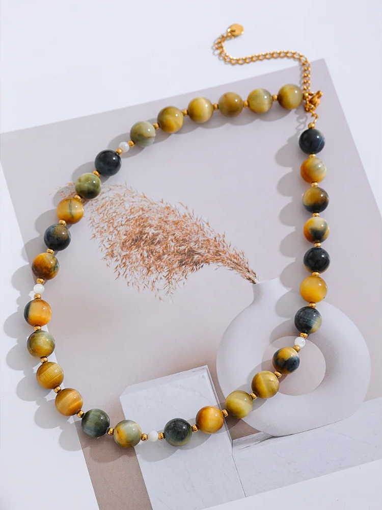 Natural stone tiger round beads pendant necklace - product image