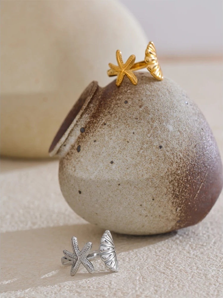 Ocean metal shell starfish adjustable party ring - product image