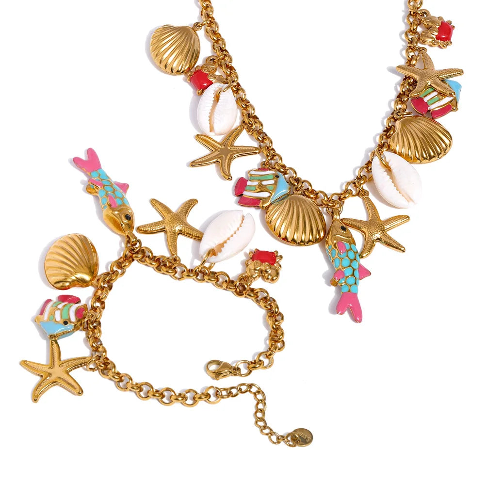 Ocean series enamel fish shell starfish necklace bracelet set - product image