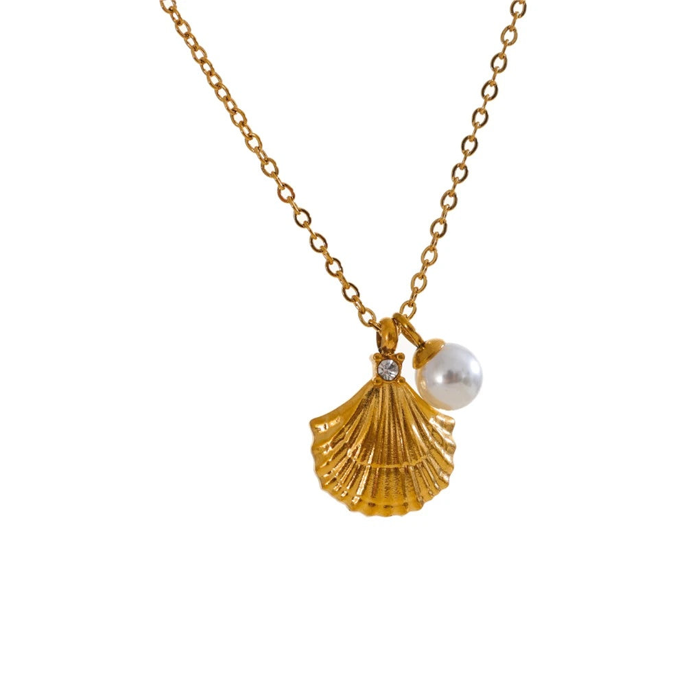 Ocean style metal shell pearl collar necklace - product image