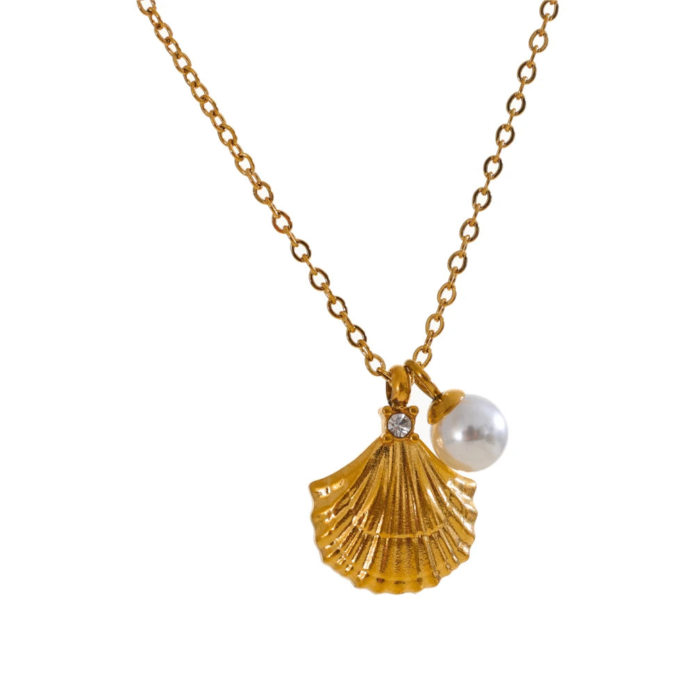 Ocean style metal shell pearl collar necklace - product image