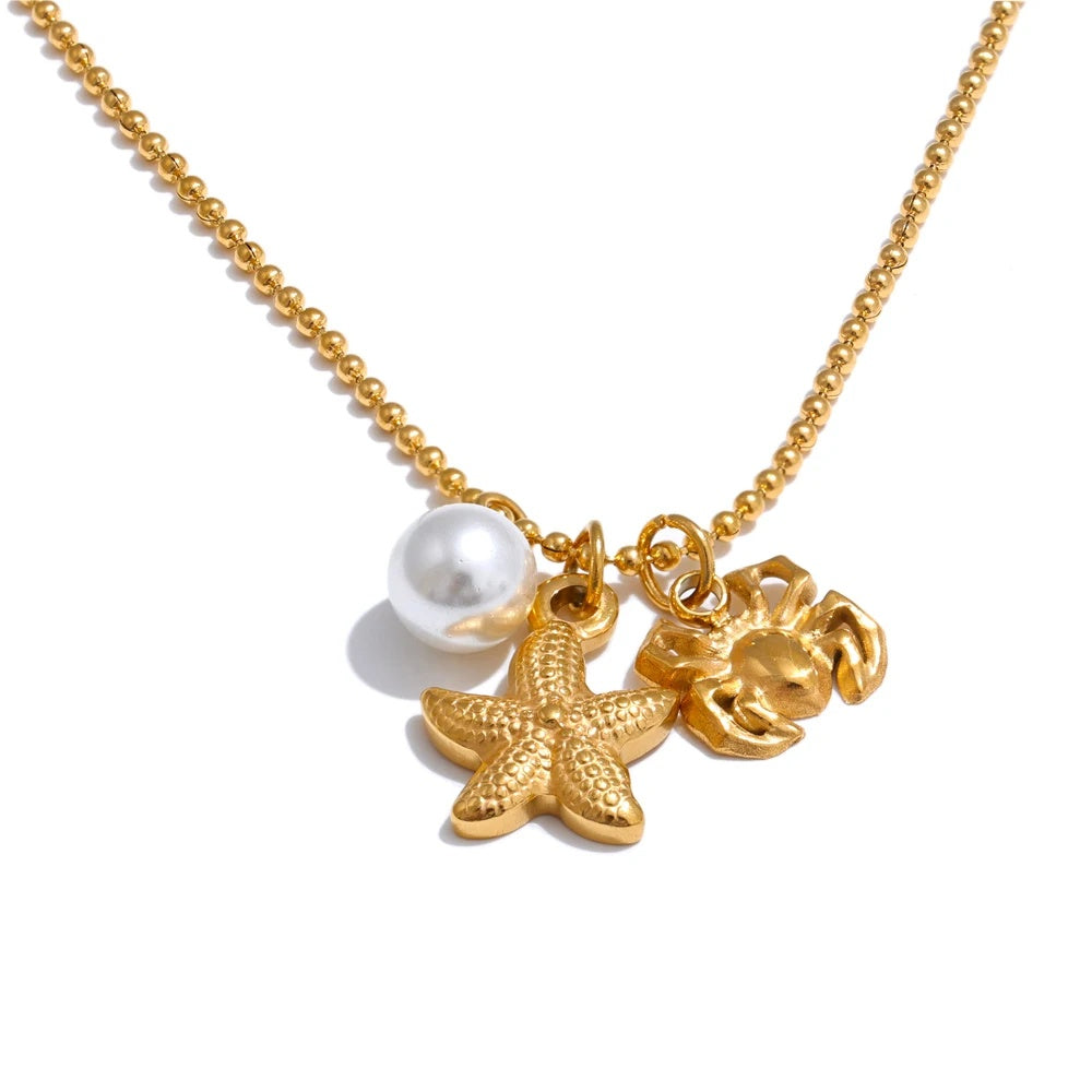 Ocean style pearl starfish crab pendant necklace - product image