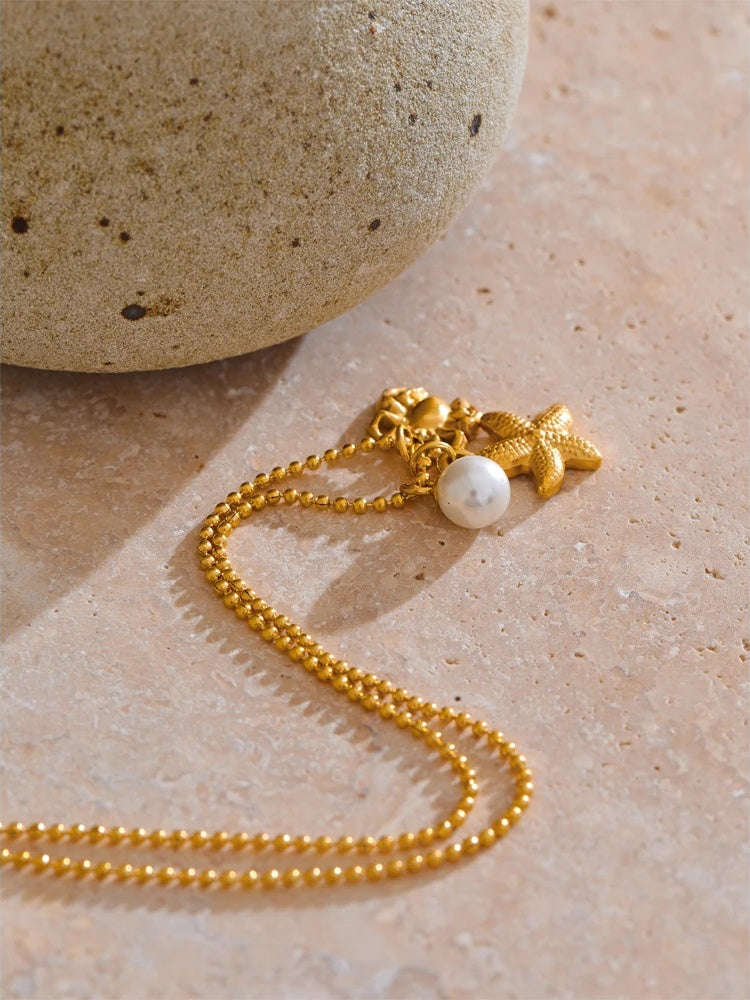 Ocean style pearl starfish crab pendant necklace - product image