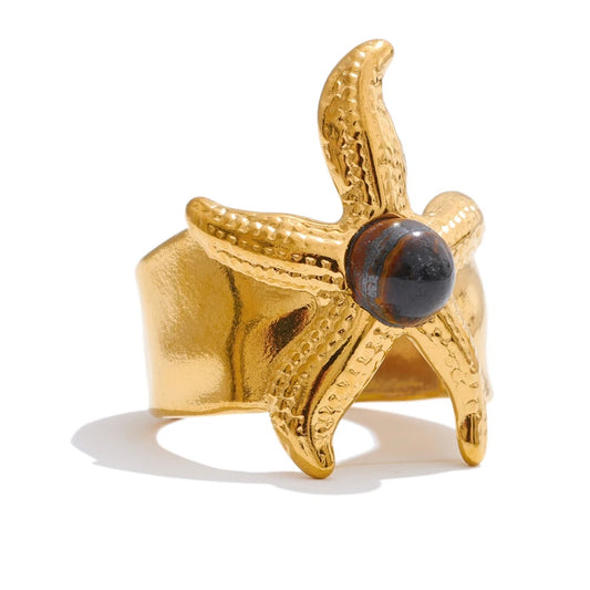 Ocean style tiger stone starfish open ring - product image