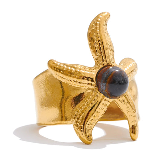 Ocean style tiger stone starfish open ring - product image