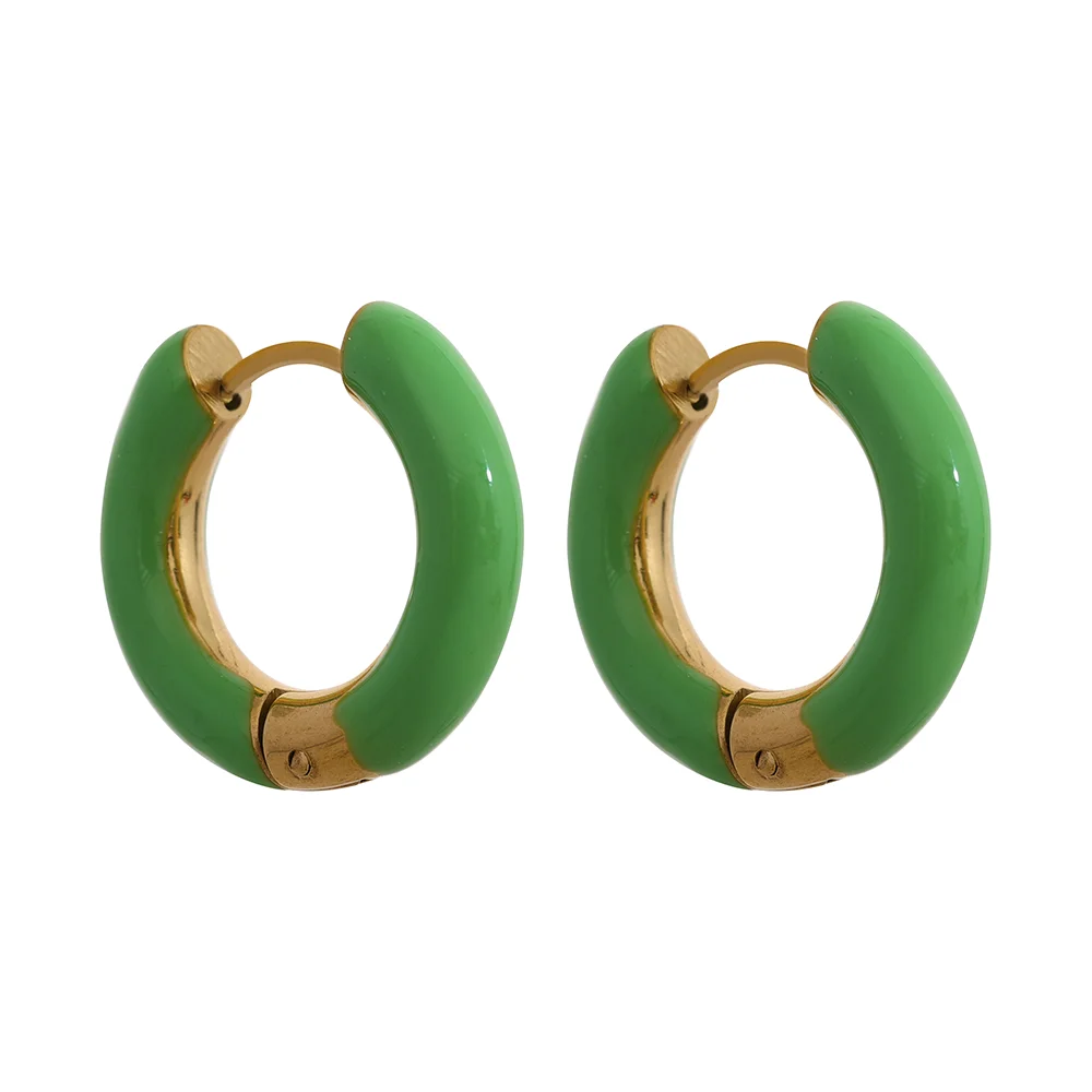 Orange green enamel round hoop huggie earrings - product image