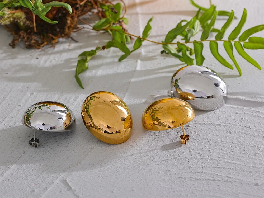 Oval contemporary large stainless steel stud earrings - product image