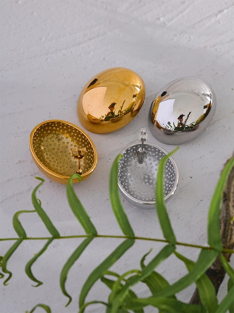 Oval contemporary large stainless steel stud earrings - product image