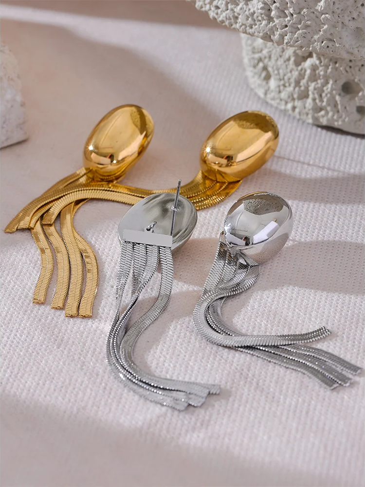 Oval tassel snake chain long drop earrings - product image