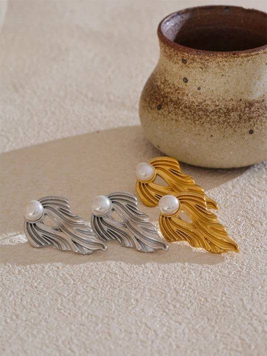 Pearl abstract gold silver color stud earrings - product image
