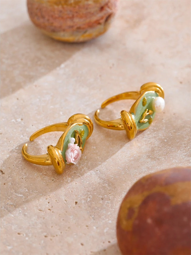 Pearl flower plant open finger cast ring - product image