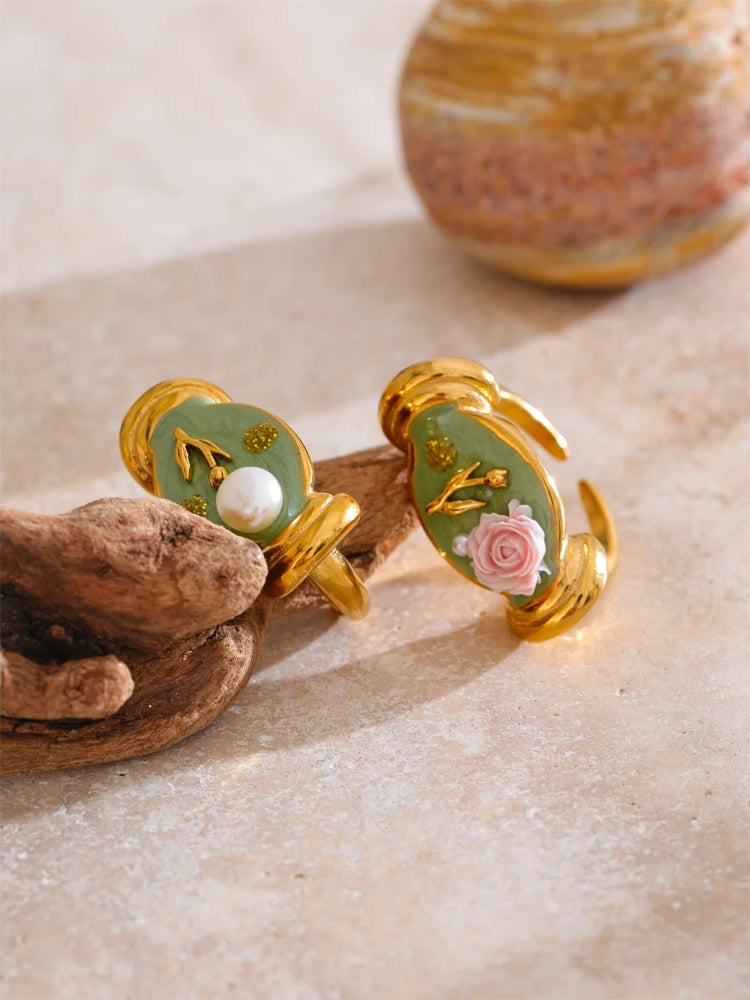 Pearl flower plant open finger cast ring - product image