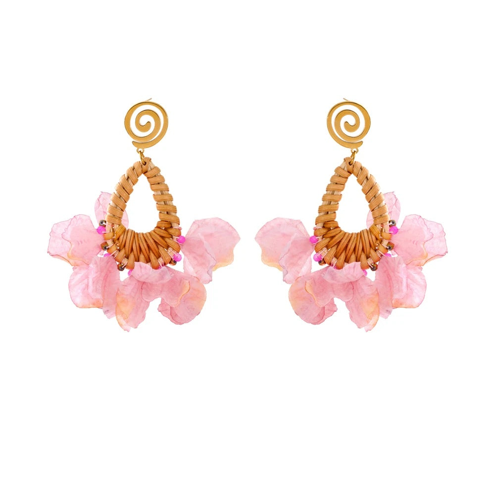 Pink flower bohemian dangle drop earrings - product image