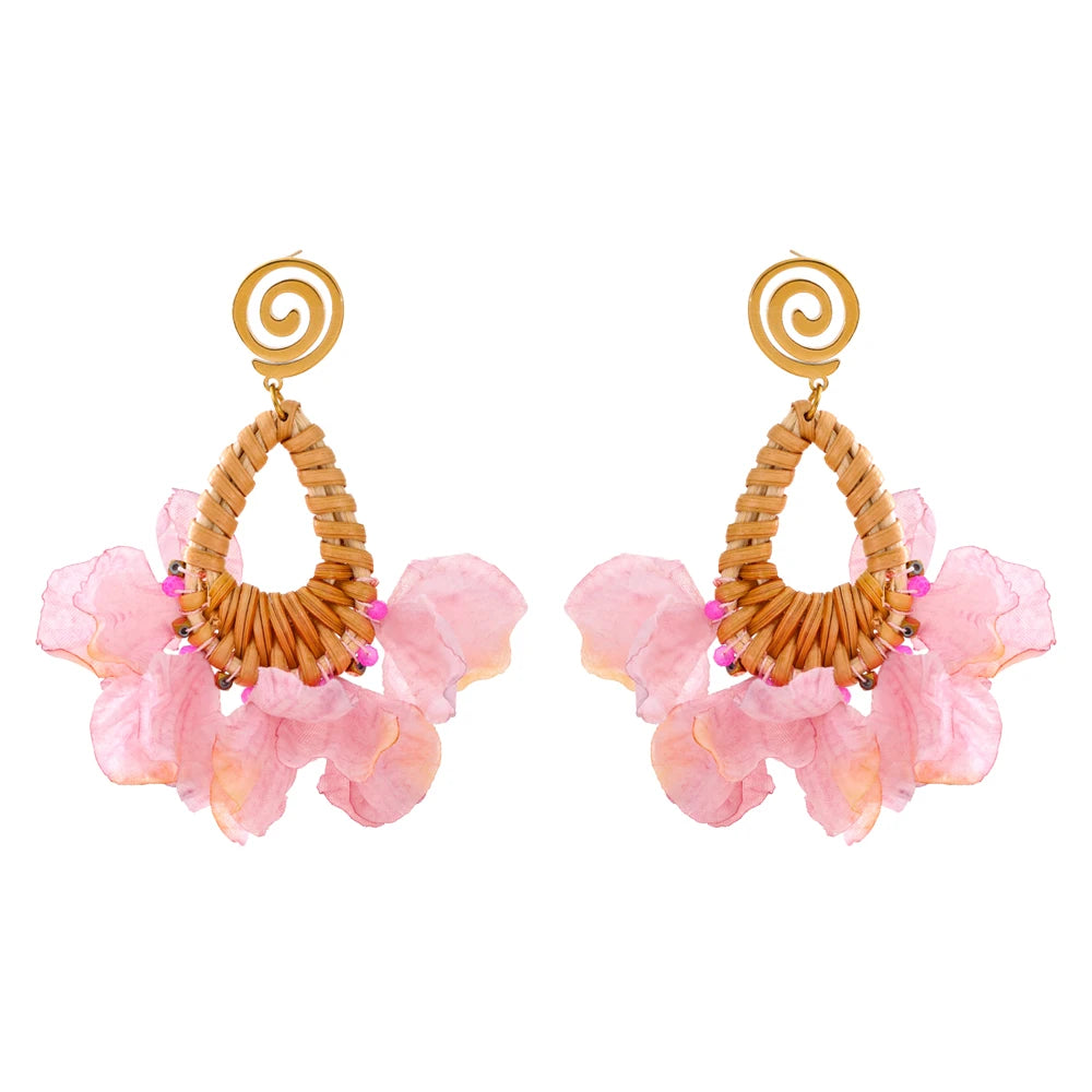 Pink flower bohemian dangle drop earrings - product image