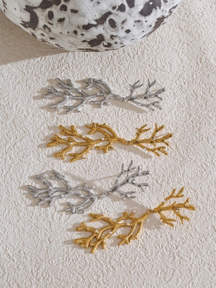Plant leaf pearls big drop earrings - product image